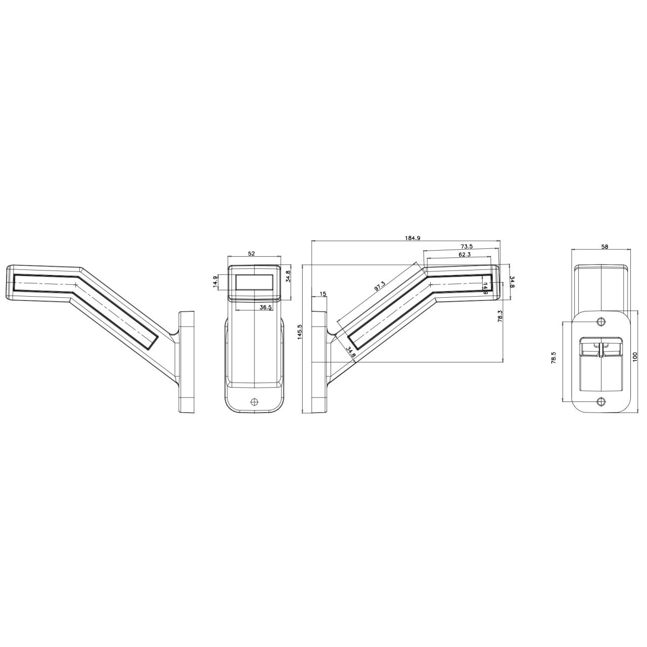 Lampa gabarit cu brat lung 185mm, cotit la 45°, LED, 3 functii, cu semnalizare, dreapta - imagine 4