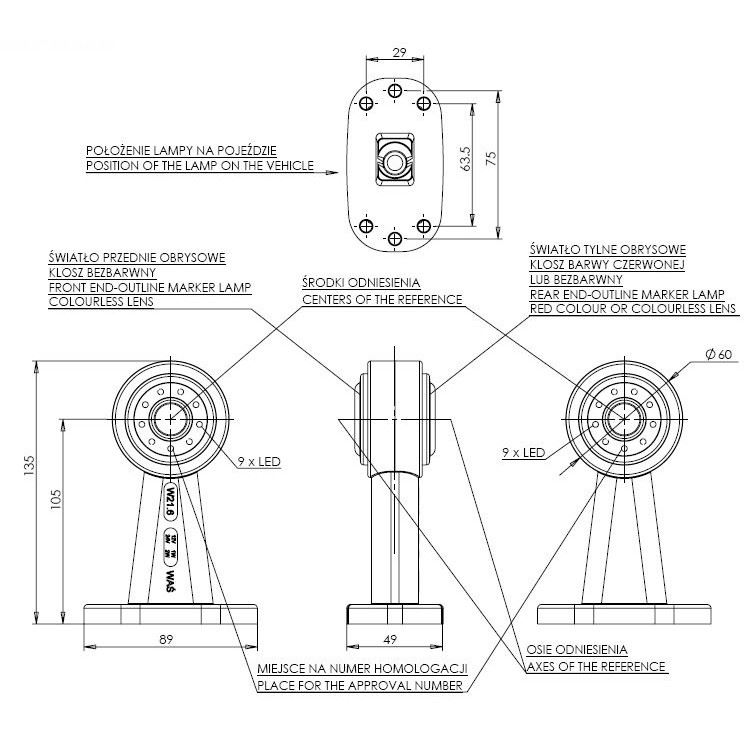 Lampa gabarit cu brat 135mm, LED, alb-rosie, angel eye, 12-24V - imagine 3