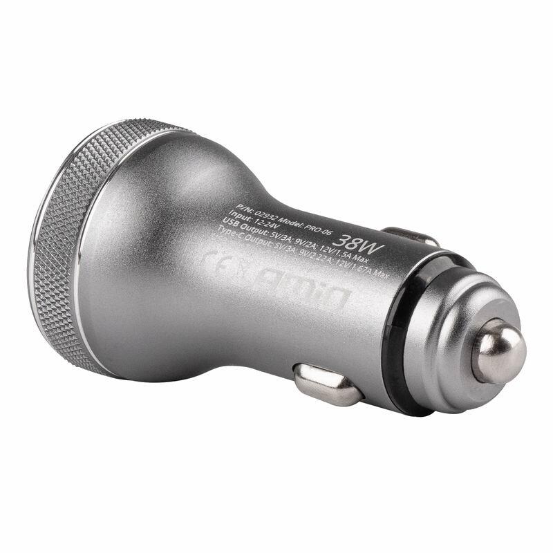 Incarcator auto cu USB si mufa C, din aluminiu, cu voltmetru, 12-24V, 38W, QuickCharge 3.0, PCH PRO-06,Amio - imagine 2