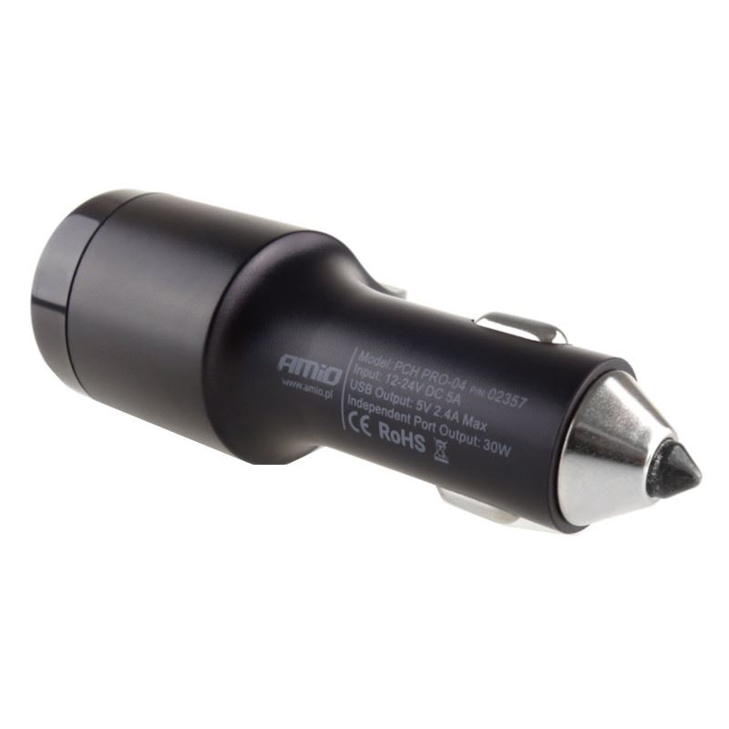 Stecher priza cu 2xUSB 12/24V 2.4A, 30W, cu varf ascutit pentru spart geam, Amio - imagine 2
